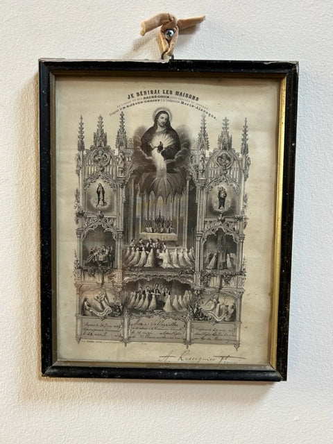 Antique French Religious Jesus Print in Frame " je Benirai Les Maisons " - wall art