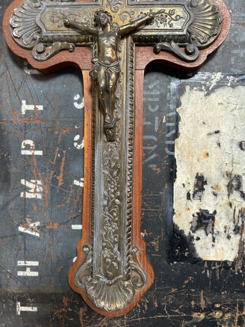 Antique French wooden + metal Crucifix - Religious  Wall Decor