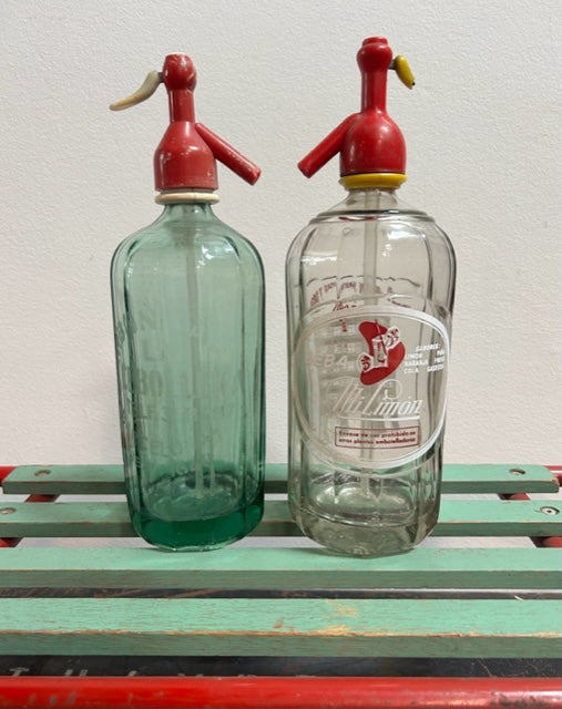 Vintage French + Spanish Soda Bottles with great graphics !