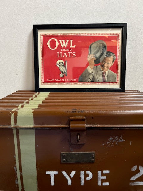 Vintage Framed Man with Traditional Hat " OWL BRAND HATS " ... very cool !