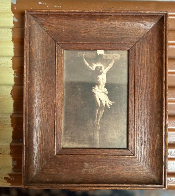 Vintage French Religious Wooden framed picture of Jesus - Christ en Croix -Religious art work