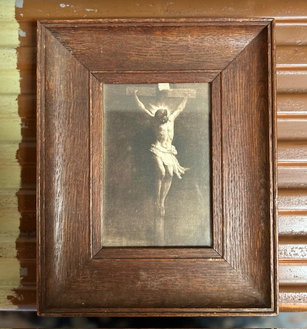 Vintage French Religious Wooden framed picture of Jesus - Christ en Croix -Religious art work