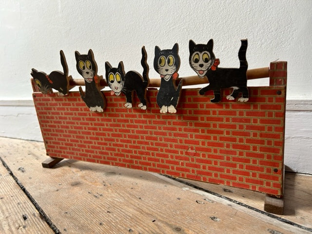English Vintage Black Cat 1950'S Toy - Cat's on Brick Cardboard / Paper wall - collectable