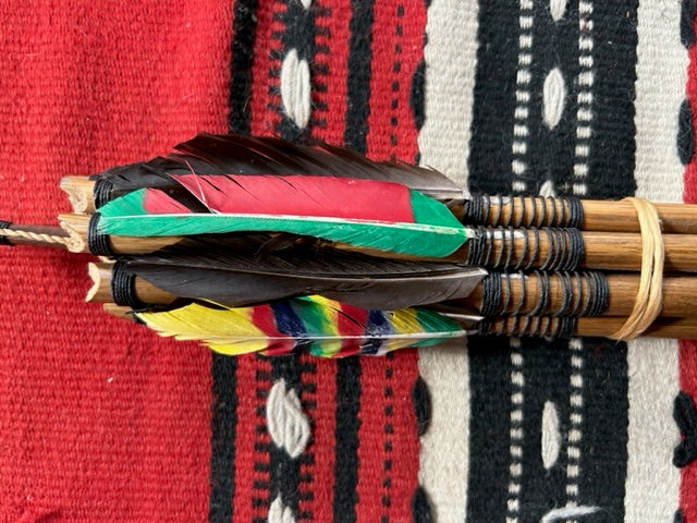 Handmade Colourful Mini Bow + Arrow set - with carved stone + feathers - Wall Decor