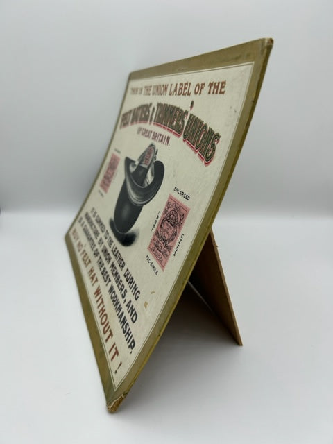 Vintage English Felt Hatters and Trimmers union advertising - on cardboard with Gold trim.