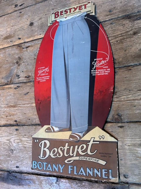 OLD BRITISH FASHION trousers advertising sign - " BEST YET BOTANY FLANNEL " Stand up