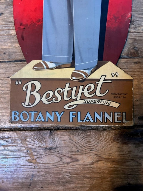 OLD BRITISH FASHION trousers advertising sign - " BEST YET BOTANY FLANNEL " Stand up