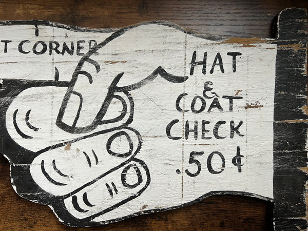 AMERICAN VINTAGE HAT & COAT CHECK  Pointed Finger SIGN in white with black hand written letters