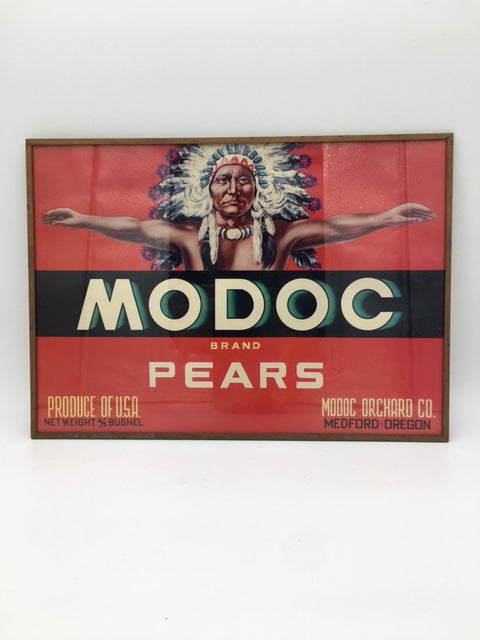 Original Vintage USA MODOC Pears Label produce Native American
