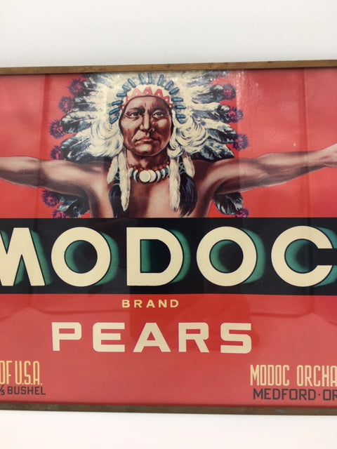 Original Vintage USA MODOC Pears Label produce Native American