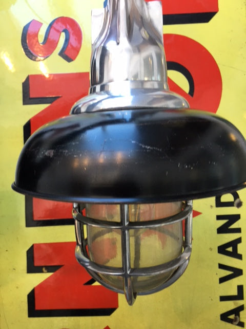 Vintage Nautical hanging light with black industrial hood + Crome cage SOLD