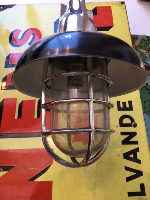 Vintage Nautical hanging light with black industrial hood + Crome cage SOLD