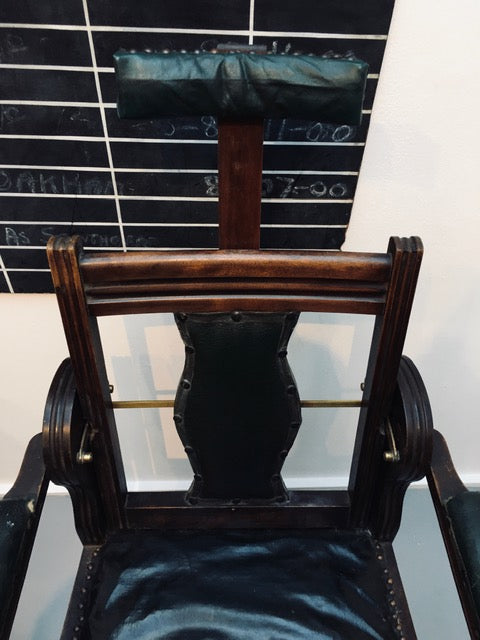 Antique wooden decorative Barbers chair with deep green leather + adjustable back -SOLD