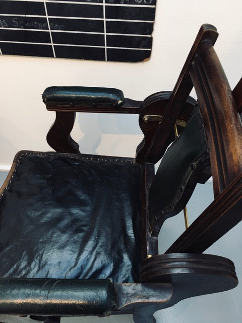 Antique wooden decorative Barbers chair with deep green leather + adjustable back -SOLD