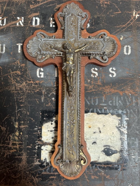 Antique French wooden + metal Crucifix - Religious  Wall Decor