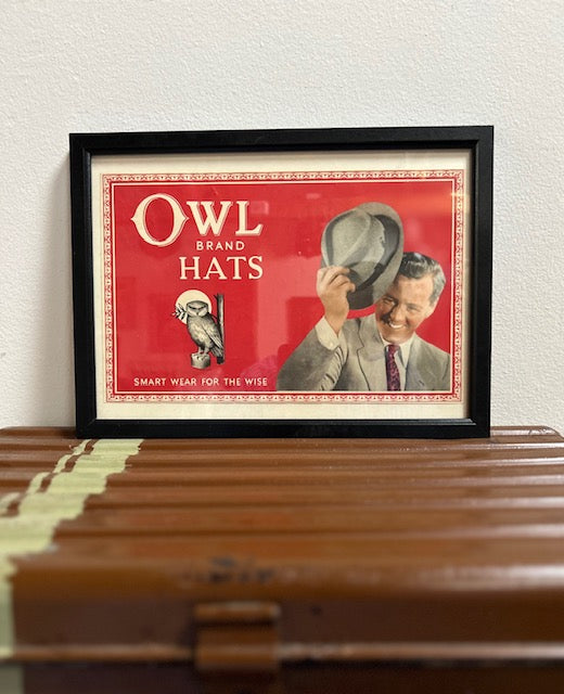 Vintage Framed Man with Traditional Hat " OWL BRAND HATS " ... very cool !