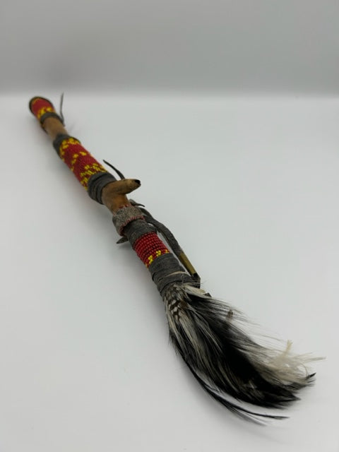 Vintage Native American Ceremonial Stick with decorative feathers + Beaded Design