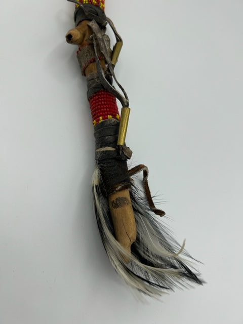 Vintage Native American Ceremonial Stick with decorative feathers + Beaded Design