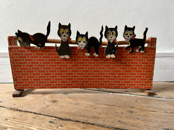 English Vintage Black Cat 1950'S Toy - Cat's on Brick Cardboard / Paper wall - collectable