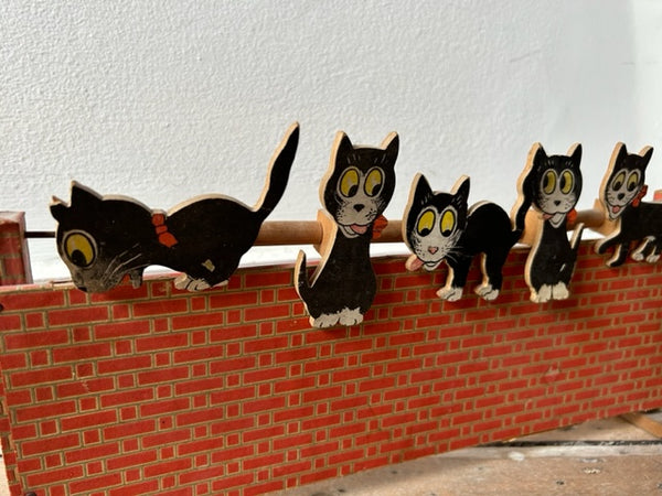 English Vintage Black Cat 1950'S Toy - Cat's on Brick Cardboard / Paper wall - collectable