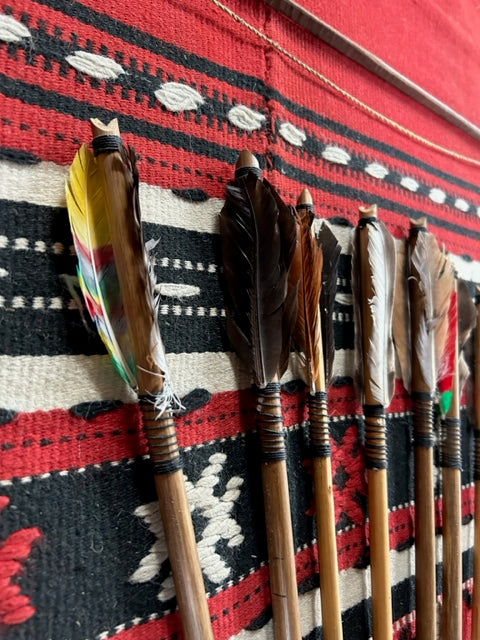 Handmade Colourful Mini Bow + Arrow set - with carved stone + feathers - Wall Decor