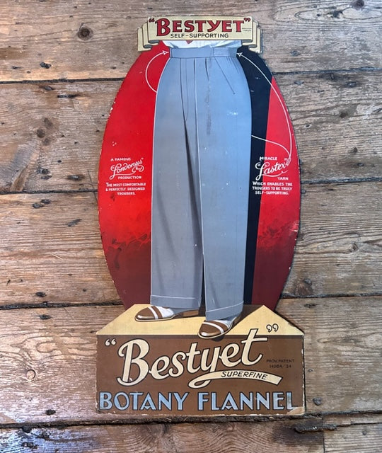 OLD BRITISH FASHION trousers advertising sign - " BEST YET BOTANY FLANNEL " Stand up