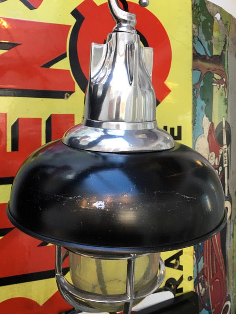 Vintage Nautical hanging light with black industrial hood + Crome cage SOLD