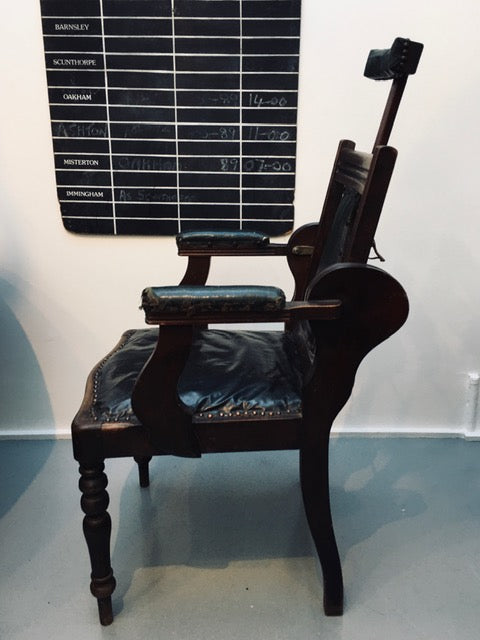 Antique wooden decorative Barbers chair with deep green leather + adjustable back -SOLD